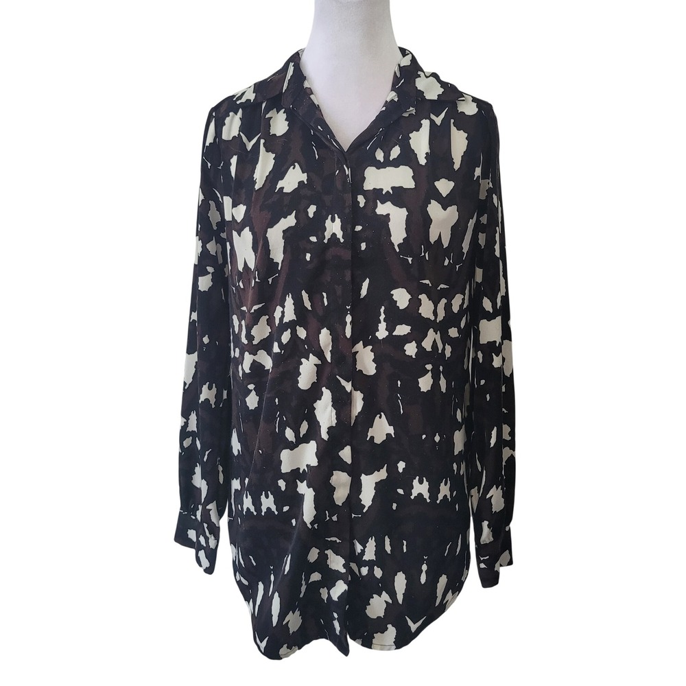 Express Women XS Tunic Button Down Shirt Brown Black‎ Abstract High Low Hem
